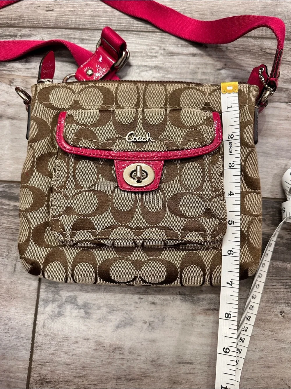 Coach Brown Signature Crossbody with Pink Trim and Strap